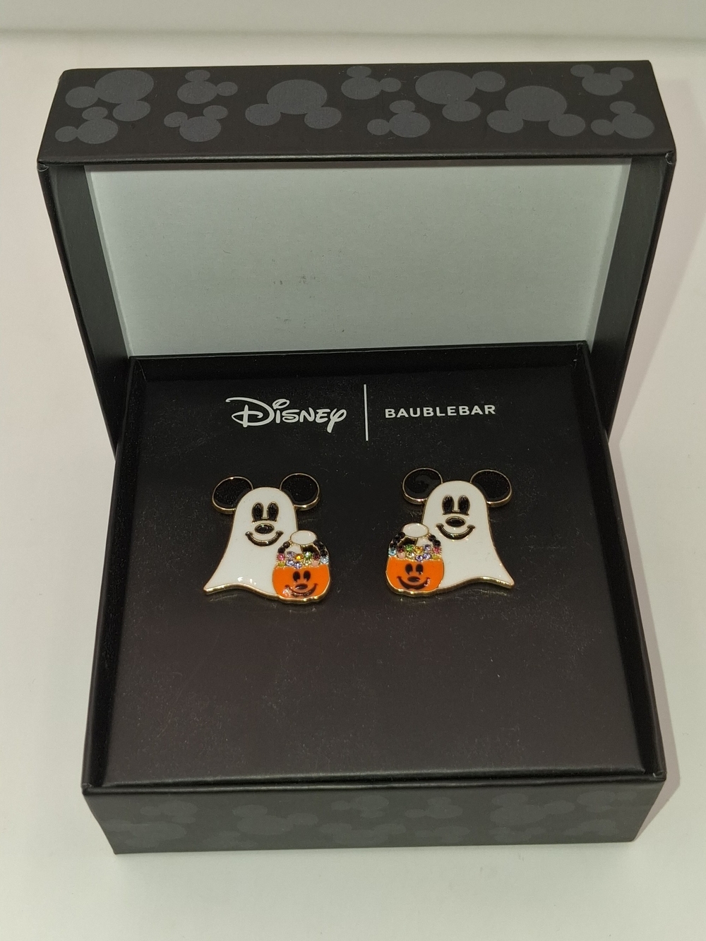 Disney Mickey Ghost Halloween Stud Earrings - White, Black & Orange